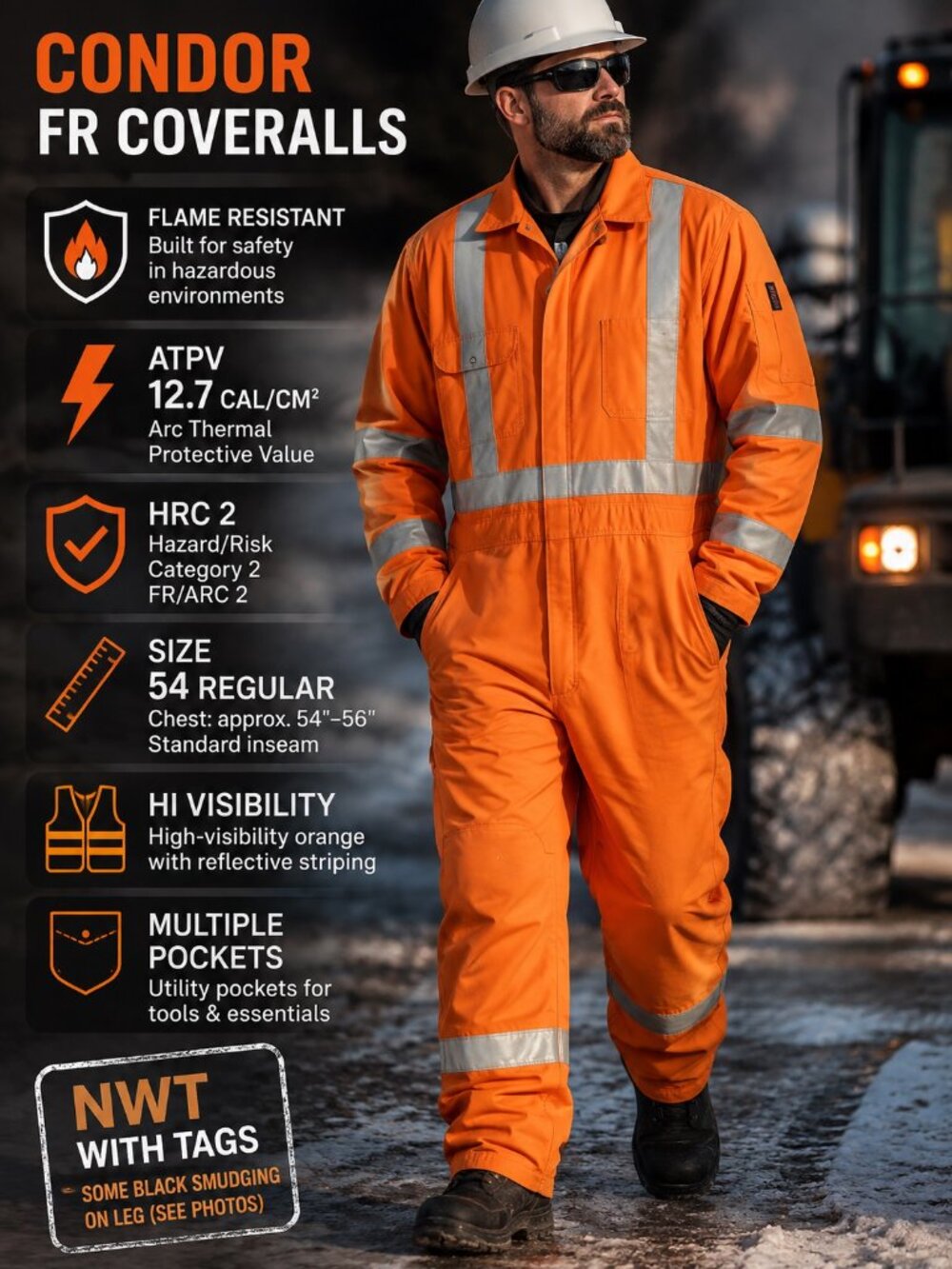 NWT Condor FR Coveralls Orange 54 Regular ATPV 12.7 HRC 2 Hi Vis